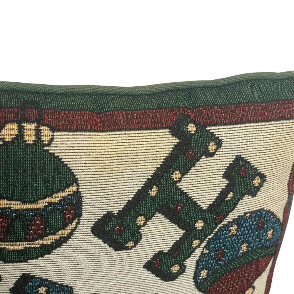 Christmas Tapestry Accent Pillow 8x12 Ho Ho Ho‎ Ornament Green Maroon Festive